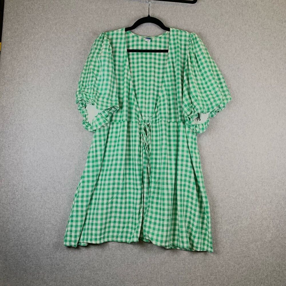 Old navy plaid wrap dress women’s petite XL green balloon sleeves linen